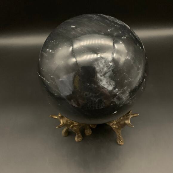 Vintage Black Agate Sphere Orb Crystal with Brass Elephant Stand - Picture 6 of 14